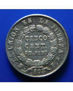 Bolivia	 5 Centavos	1873	 Silver 1873FE Legend around oval shield, KM 157.1, XF,  Lovely older silver circulation type coin from Bolivia in extremely fine condition. 