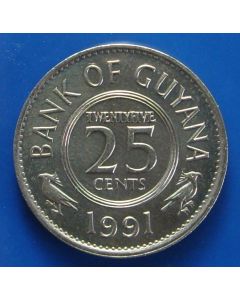 Guyana 	 25 Cents	1991	 - Helmeted and supported arms - unc