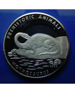Cambodia	 20 Riels	1994	 Prehistoric Animals series – Nothosaurus; Silver Proof 