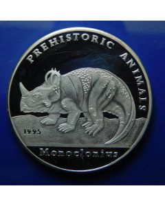 Cambodia	 20 Riels	1994	 Prehistoric Animals series – Monoclonius; Silver Proof 