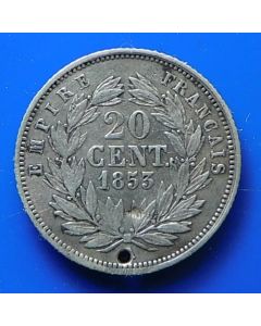 France  20 Centimes 1853Akm# 778.1 hole